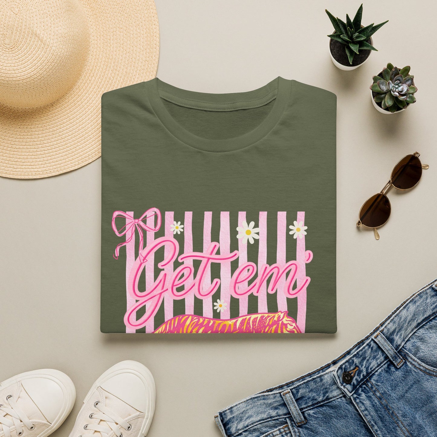 Get Em Tiger T-Shirt — Pink Striped Motivational Graphic Tee