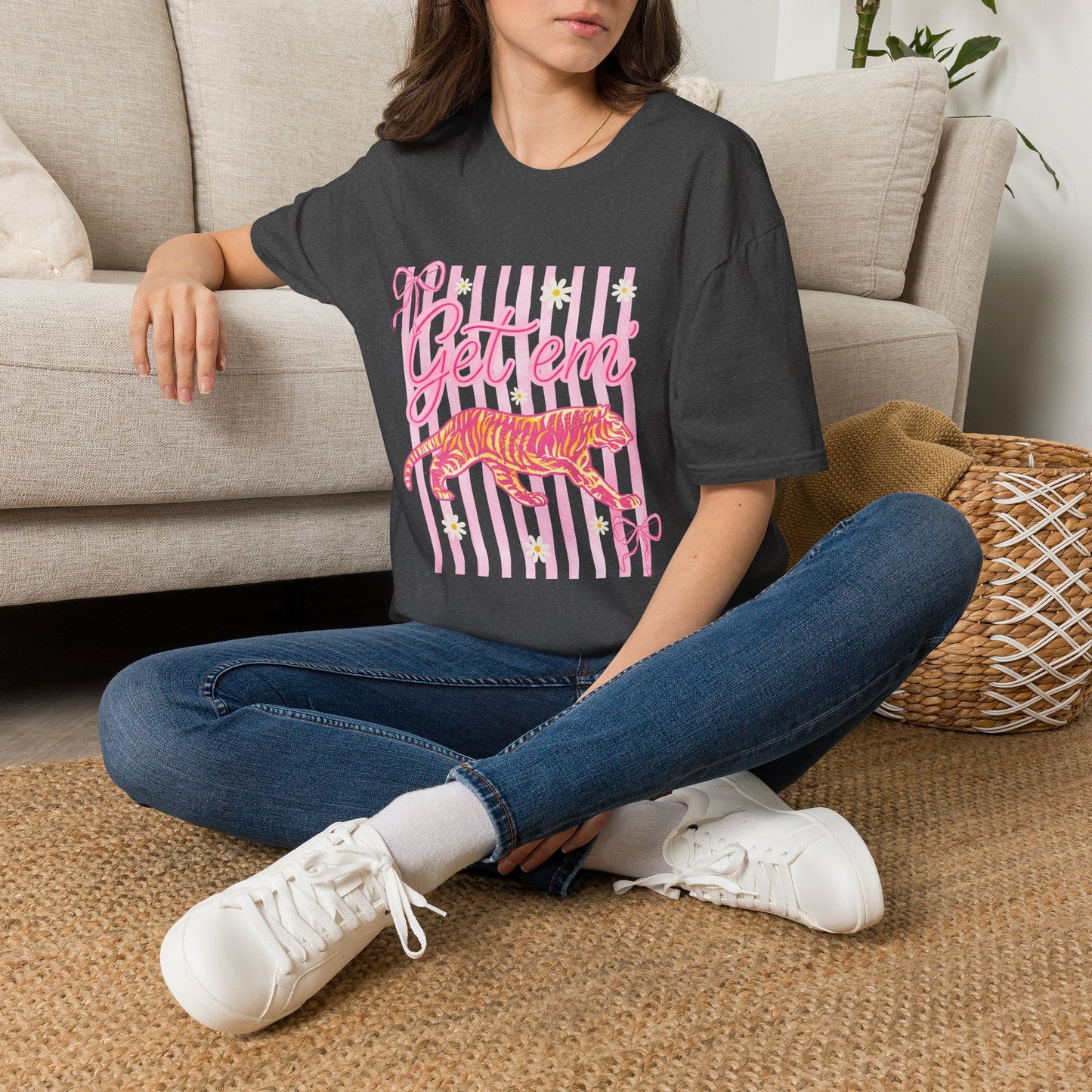 Get Em Tiger T-Shirt — Pink Striped Motivational Graphic Tee