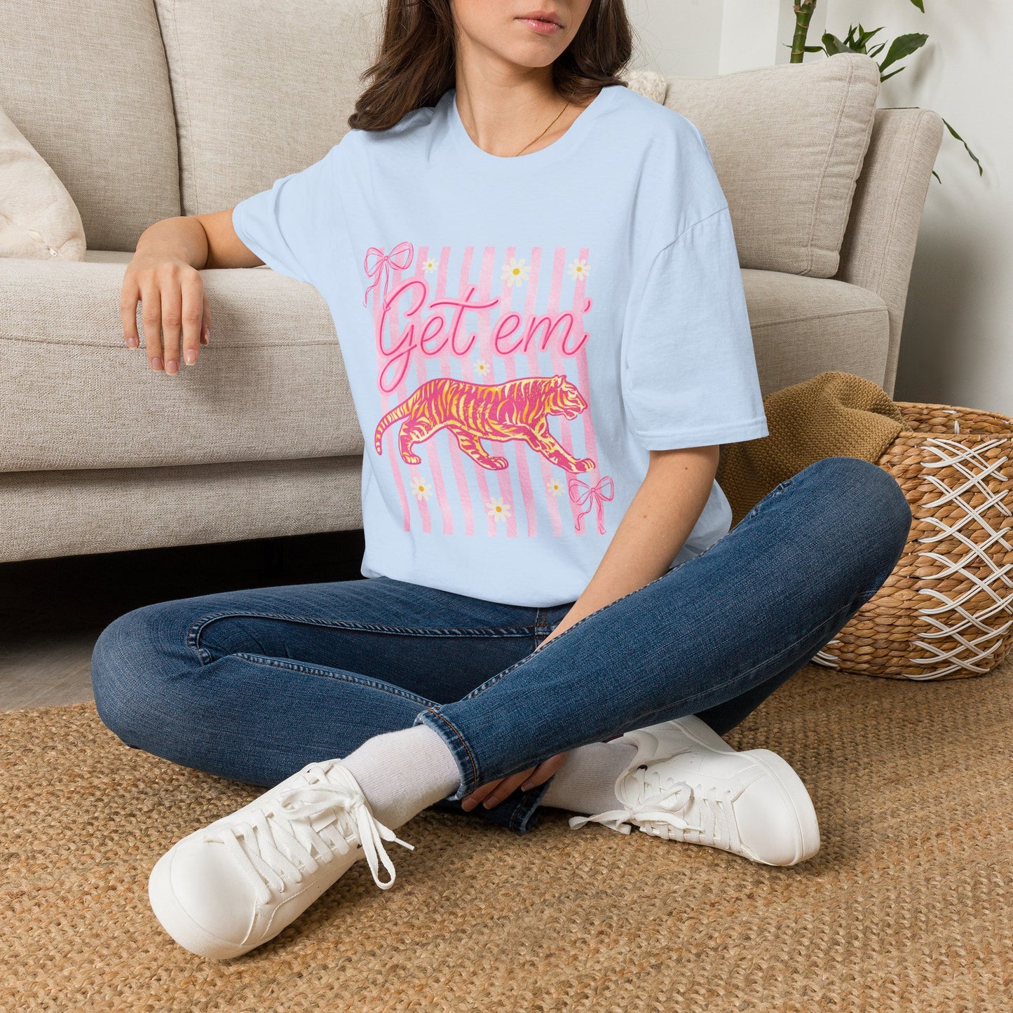Get Em Tiger T-Shirt — Pink Striped Motivational Graphic Tee