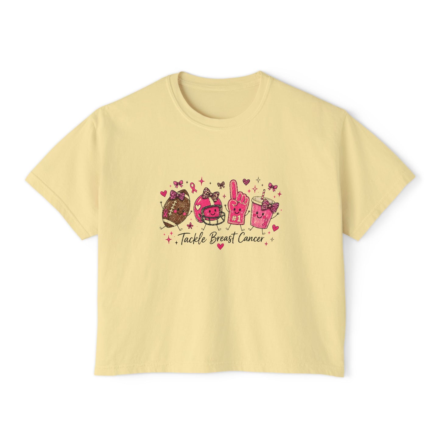 Breast Cancer Awareness Women's Boxy Tee — "Tackle Breast Cancer" Pink Ribbon Sports Icons