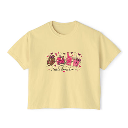 Breast Cancer Awareness Women's Boxy Tee — "Tackle Breast Cancer" Pink Ribbon Sports Icons
