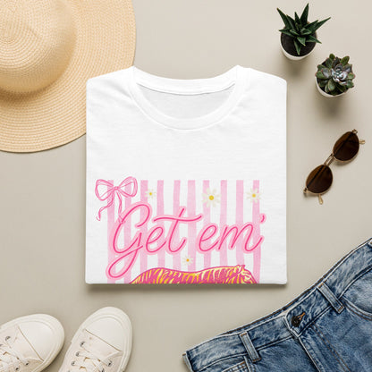 Get Em Tiger T-Shirt — Pink Striped Motivational Graphic Tee
