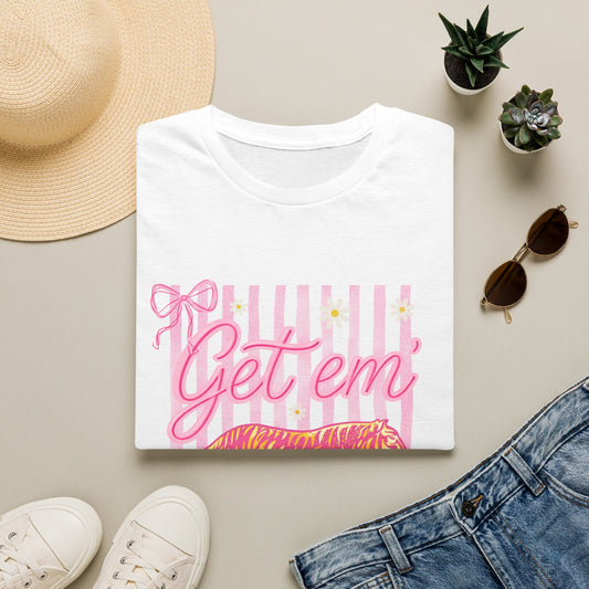 Get Em Tiger T-Shirt — Pink Striped Motivational Graphic Tee