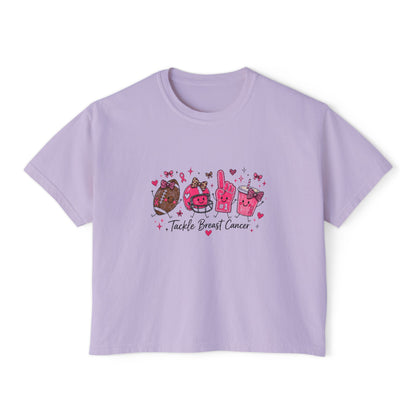 Breast Cancer Awareness Women's Boxy Tee — "Tackle Breast Cancer" Pink Ribbon Sports Icons