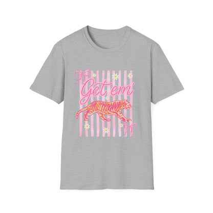 Get Em Tiger T-Shirt — Pink Striped Motivational Graphic Tee