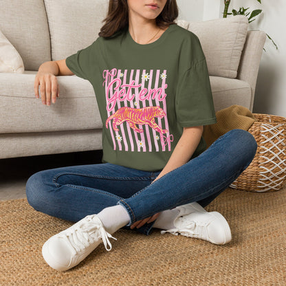 Get Em Tiger T-Shirt — Pink Striped Motivational Graphic Tee