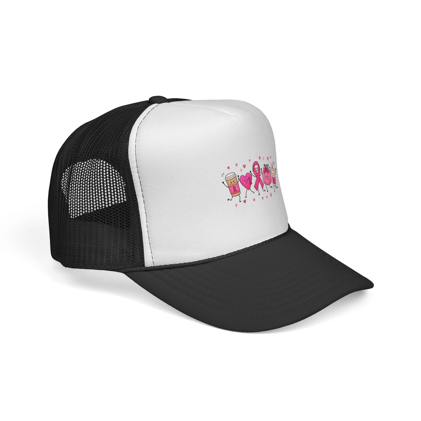 Breast Cancer Awareness Trucker Cap — Pink Ribbon & Happy Hearts Design