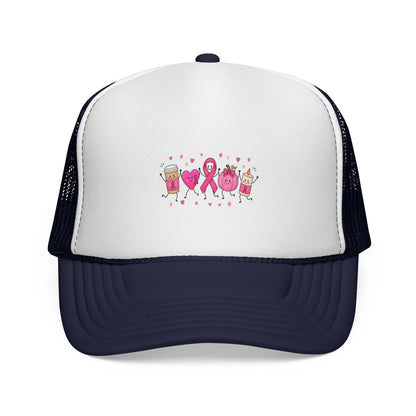 Breast Cancer Awareness Trucker Cap — Pink Ribbon & Happy Hearts Design