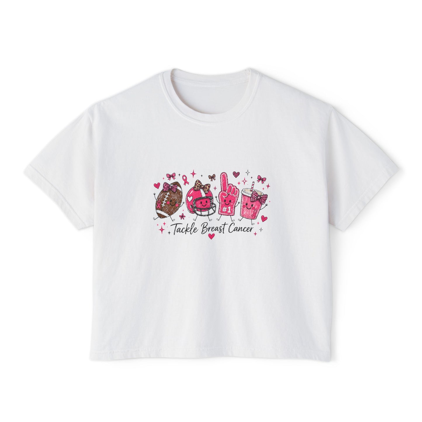 Breast Cancer Awareness Women's Boxy Tee — "Tackle Breast Cancer" Pink Ribbon Sports Icons