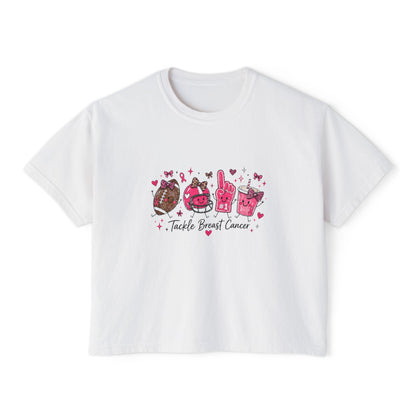 Breast Cancer Awareness Women's Boxy Tee — "Tackle Breast Cancer" Pink Ribbon Sports Icons