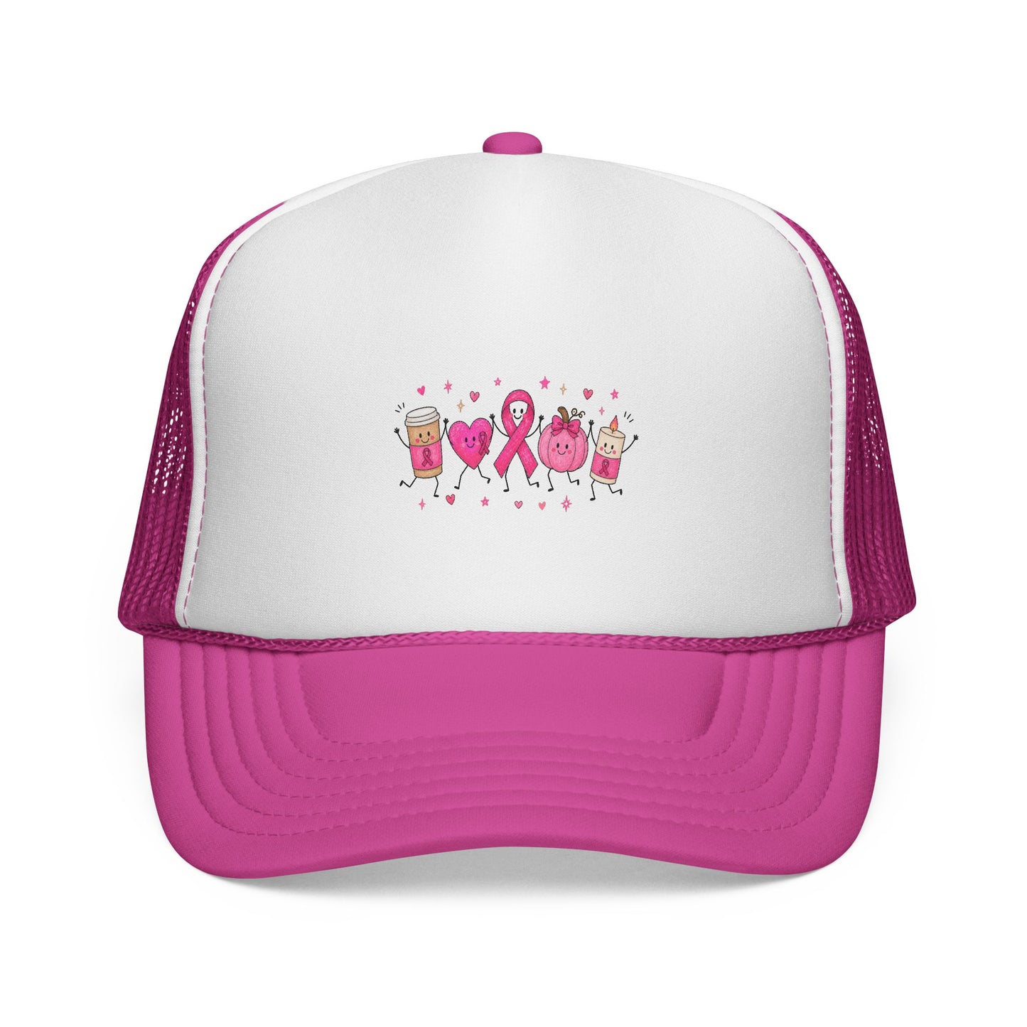 Breast Cancer Awareness Trucker Cap — Pink Ribbon & Happy Hearts Design