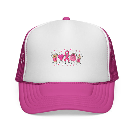 Breast Cancer Awareness Trucker Cap — Pink Ribbon & Happy Hearts Design