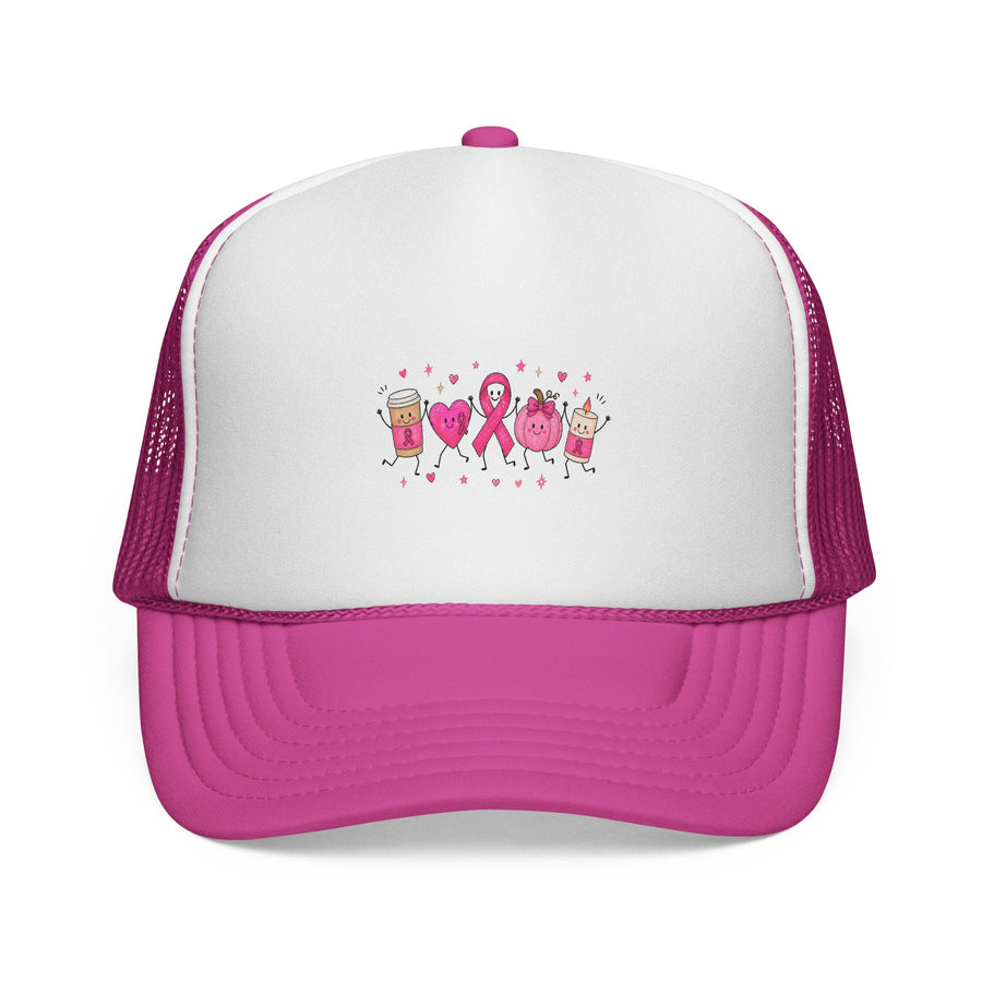 Breast Cancer Awareness Trucker Cap — Pink Ribbon & Happy Hearts Design