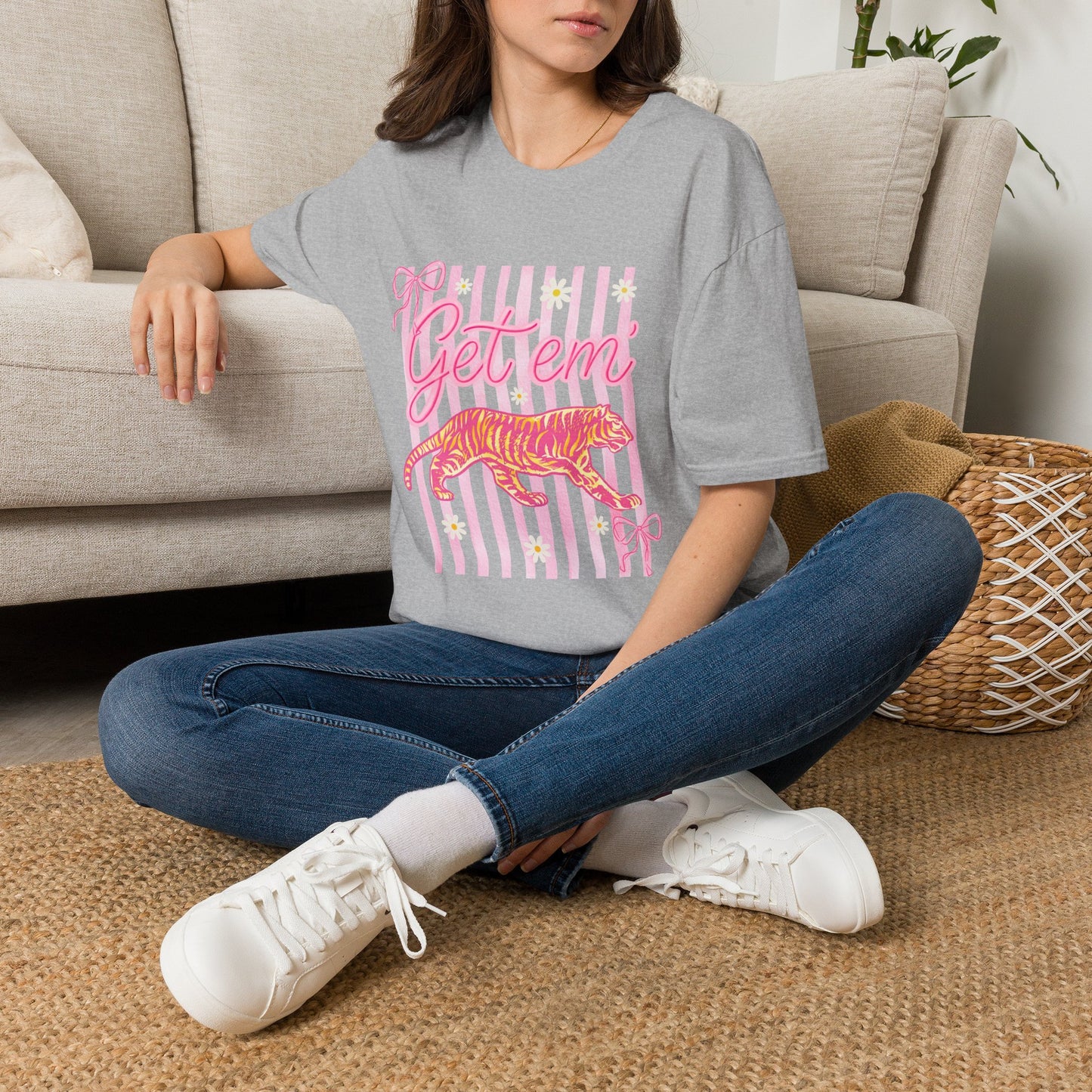 Get Em Tiger T-Shirt — Pink Striped Motivational Graphic Tee