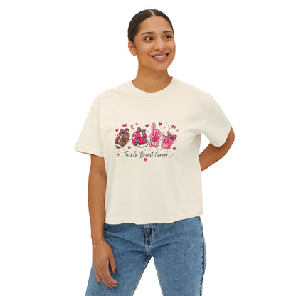 Breast Cancer Awareness Women's Boxy Tee — "Tackle Breast Cancer" Pink Ribbon Sports Icons