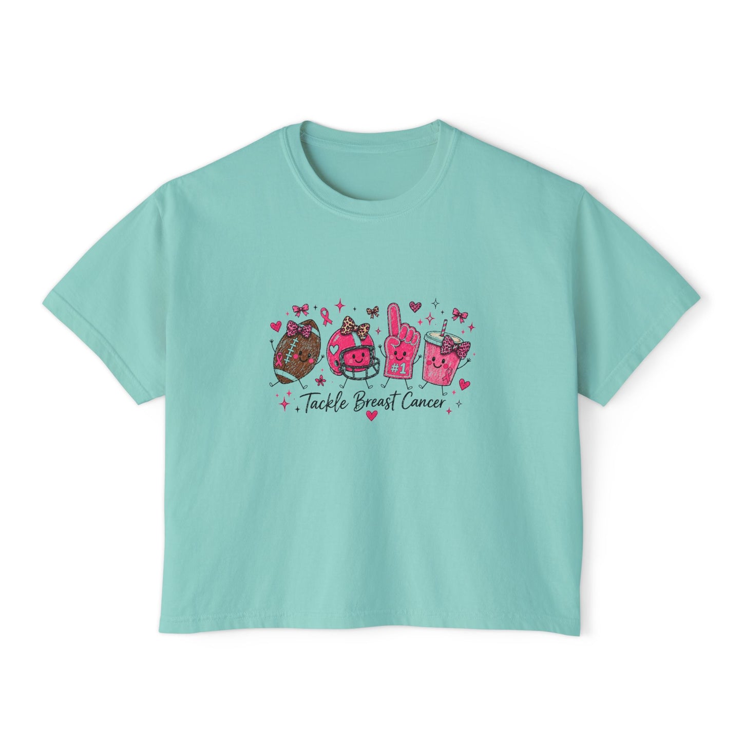 Breast Cancer Awareness Women's Boxy Tee — "Tackle Breast Cancer" Pink Ribbon Sports Icons