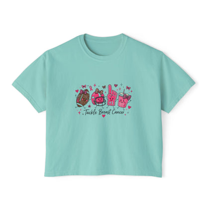 Breast Cancer Awareness Women's Boxy Tee — "Tackle Breast Cancer" Pink Ribbon Sports Icons