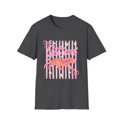 Get Em Tiger T-Shirt — Pink Striped Motivational Graphic Tee
