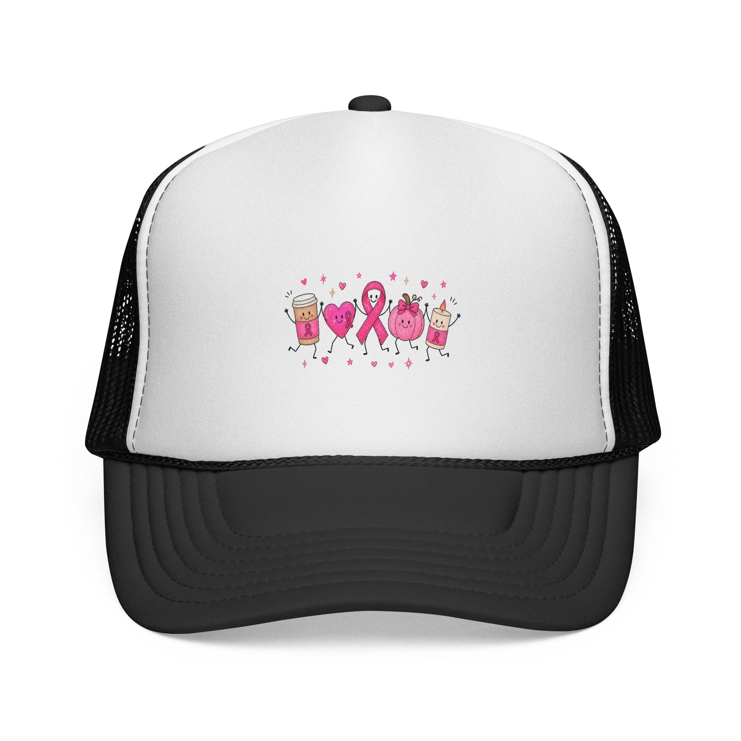 Breast Cancer Awareness Trucker Cap — Pink Ribbon & Happy Hearts Design