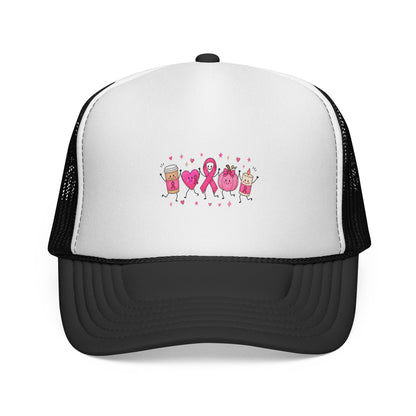 Breast Cancer Awareness Trucker Cap — Pink Ribbon & Happy Hearts Design