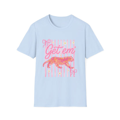 Get Em Tiger T-Shirt — Pink Striped Motivational Graphic Tee