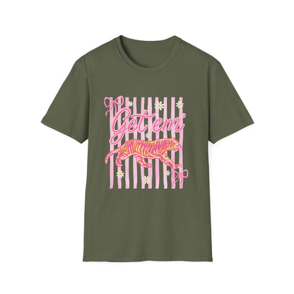 Get Em Tiger T-Shirt — Pink Striped Motivational Graphic Tee