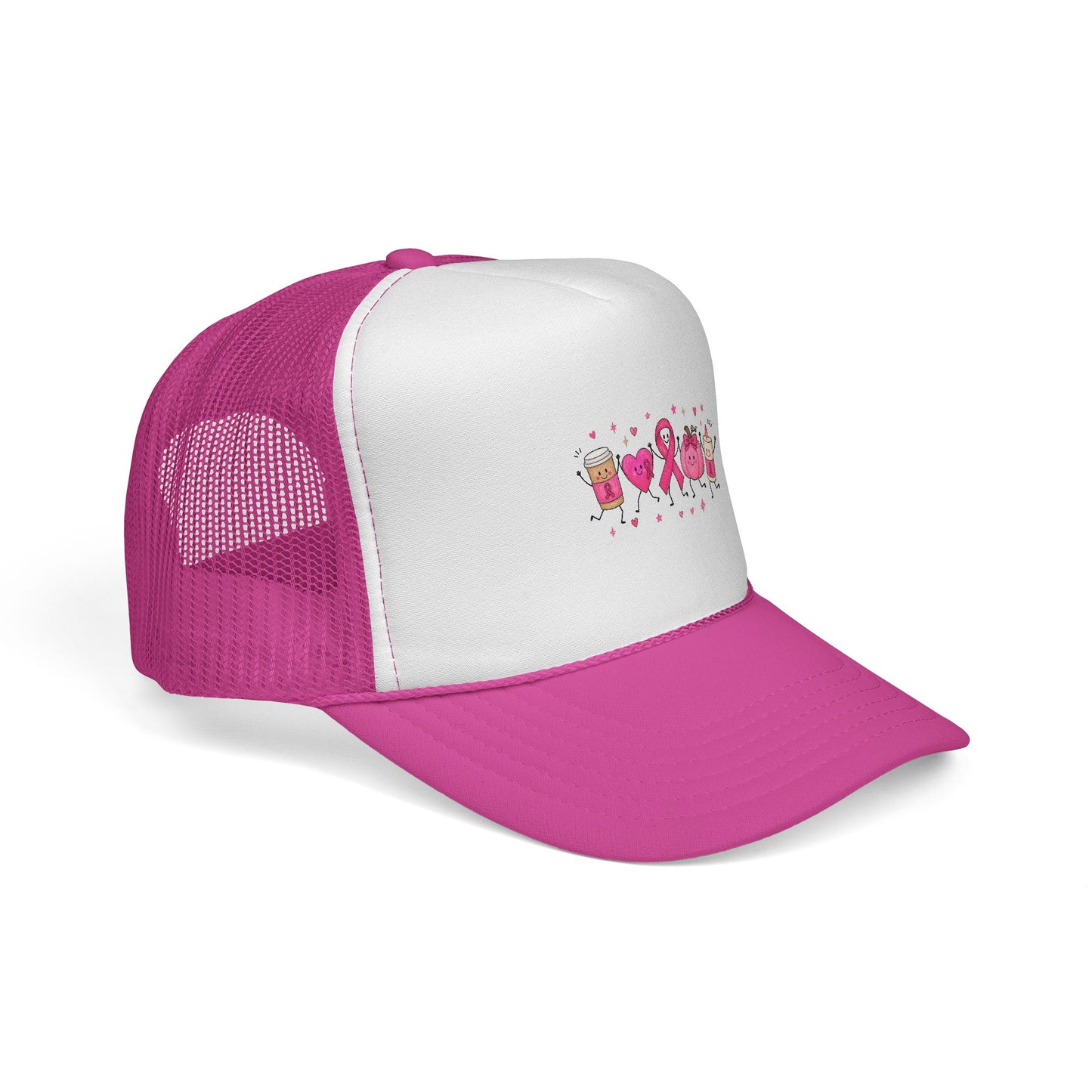 Breast Cancer Awareness Trucker Cap — Pink Ribbon & Happy Hearts Design