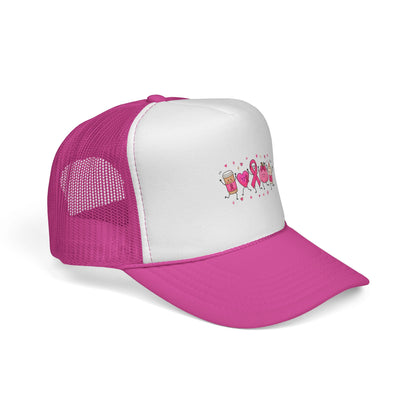Breast Cancer Awareness Trucker Cap — Pink Ribbon & Happy Hearts Design