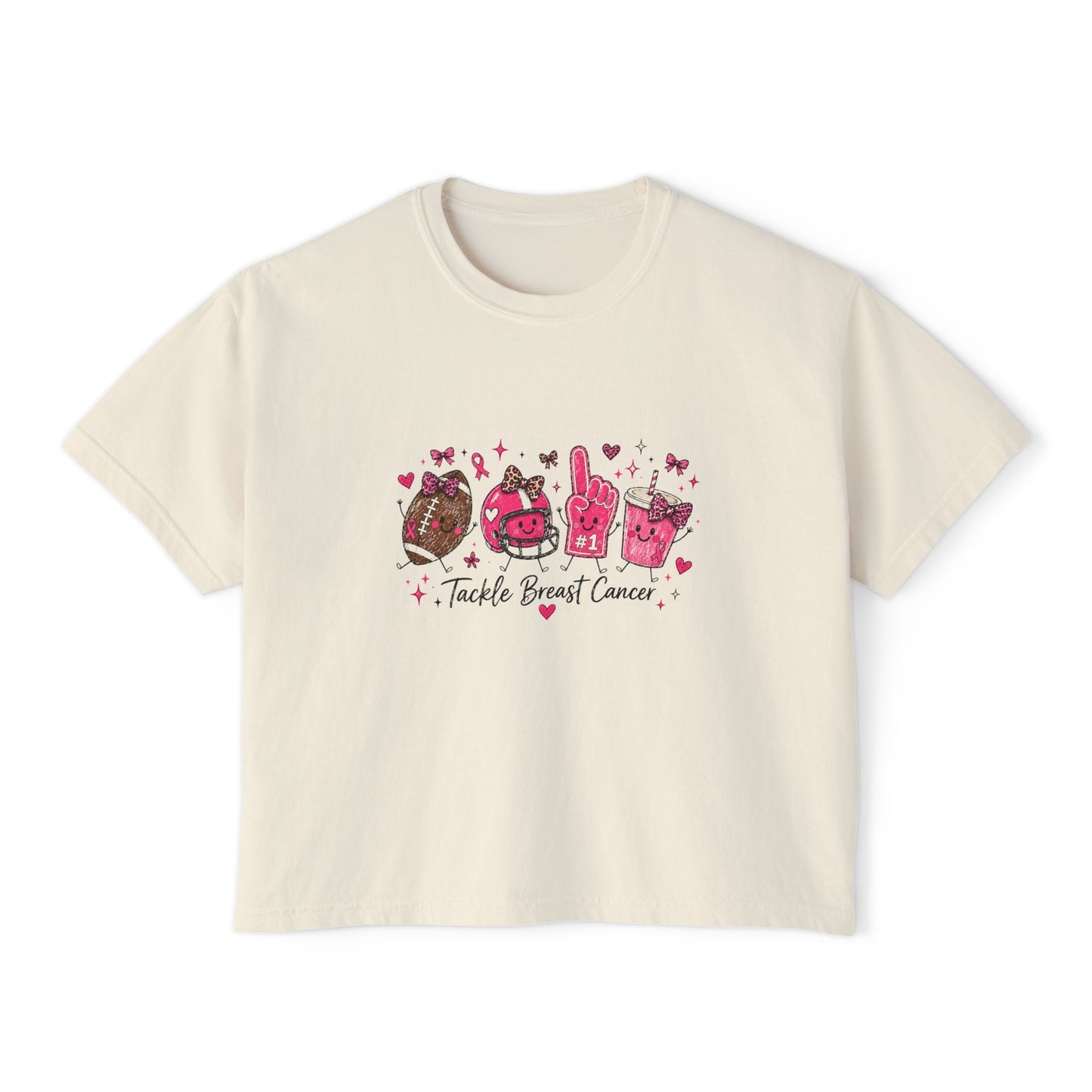 Breast Cancer Awareness Women's Boxy Tee — "Tackle Breast Cancer" Pink Ribbon Sports Icons