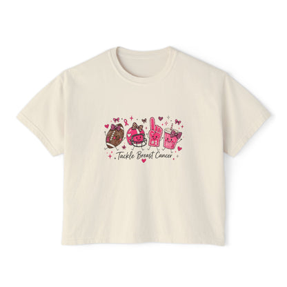 Breast Cancer Awareness Women's Boxy Tee — "Tackle Breast Cancer" Pink Ribbon Sports Icons