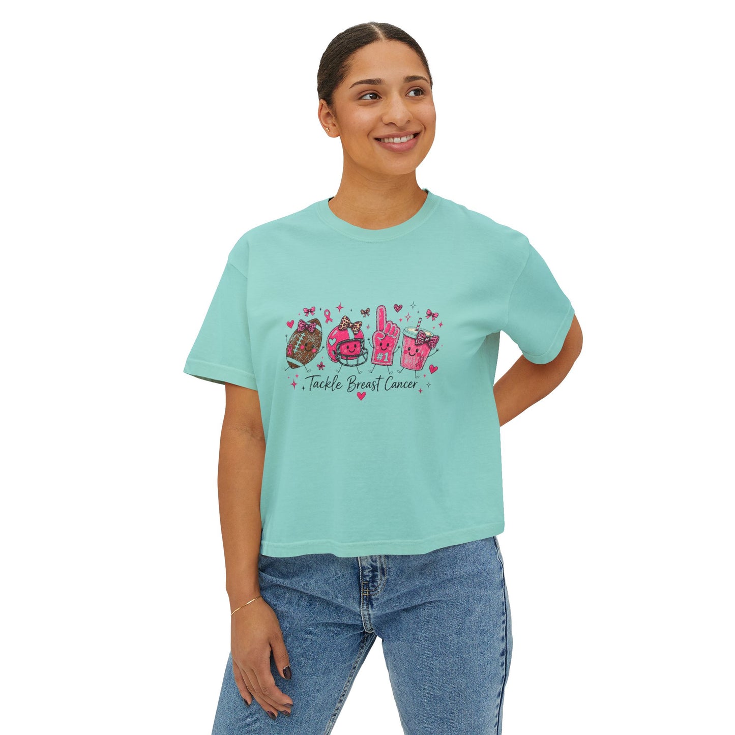 Breast Cancer Awareness Women's Boxy Tee — "Tackle Breast Cancer" Pink Ribbon Sports Icons