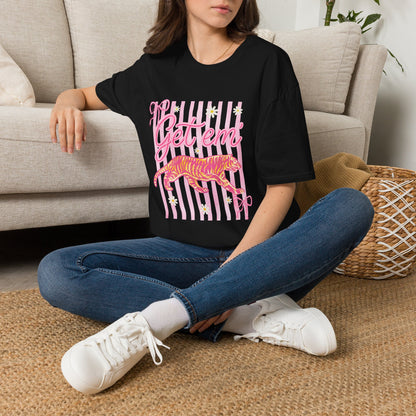Get Em Tiger T-Shirt — Pink Striped Motivational Graphic Tee