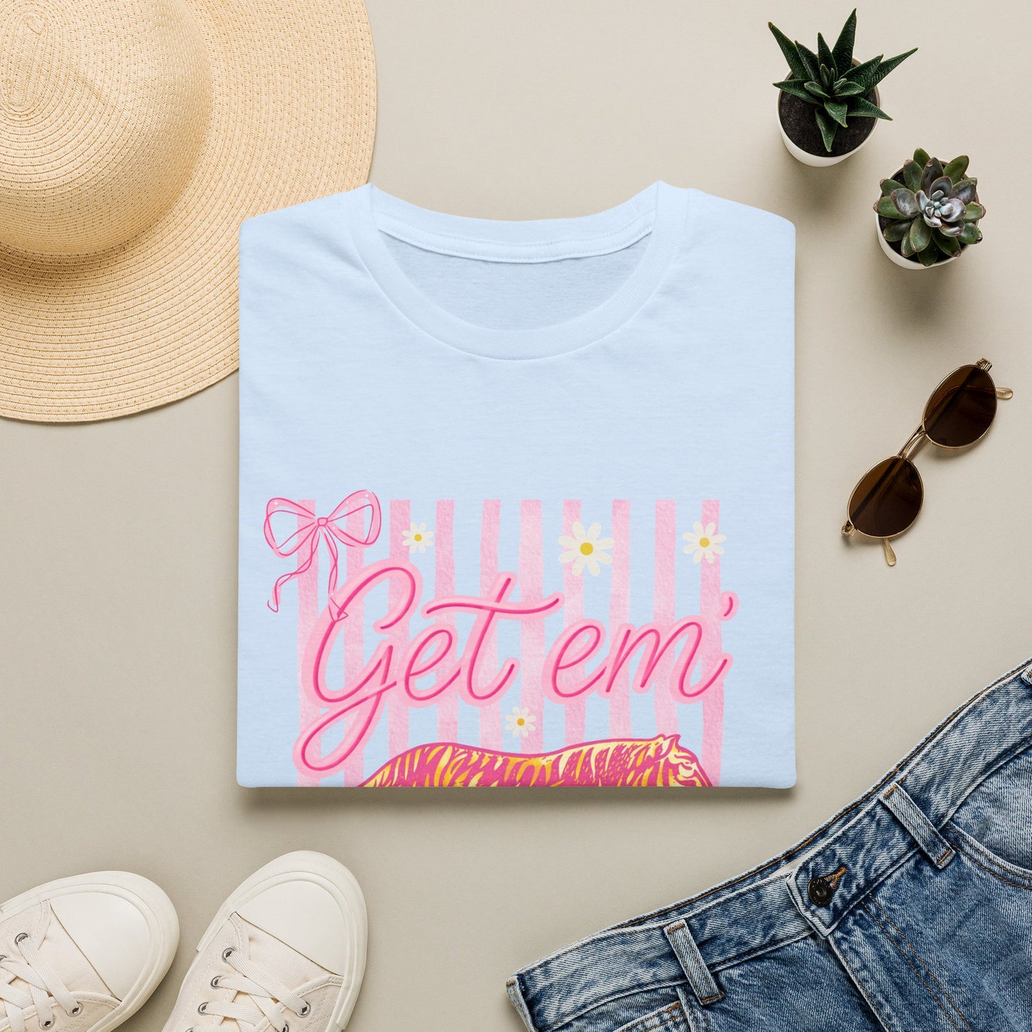 Get Em Tiger T-Shirt — Pink Striped Motivational Graphic Tee