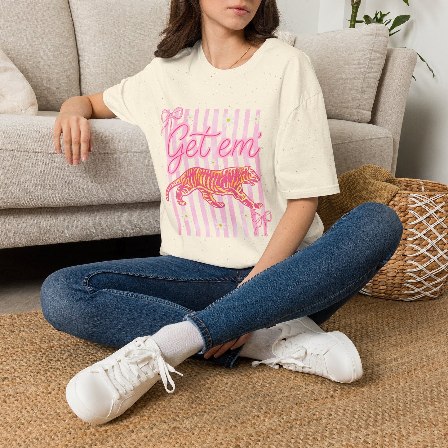 Get Em Tiger T-Shirt — Pink Striped Motivational Graphic Tee