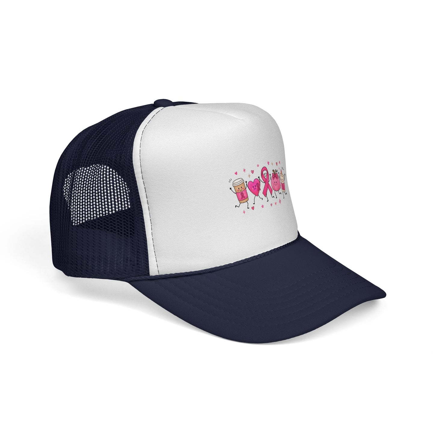 Breast Cancer Awareness Trucker Cap — Pink Ribbon & Happy Hearts Design
