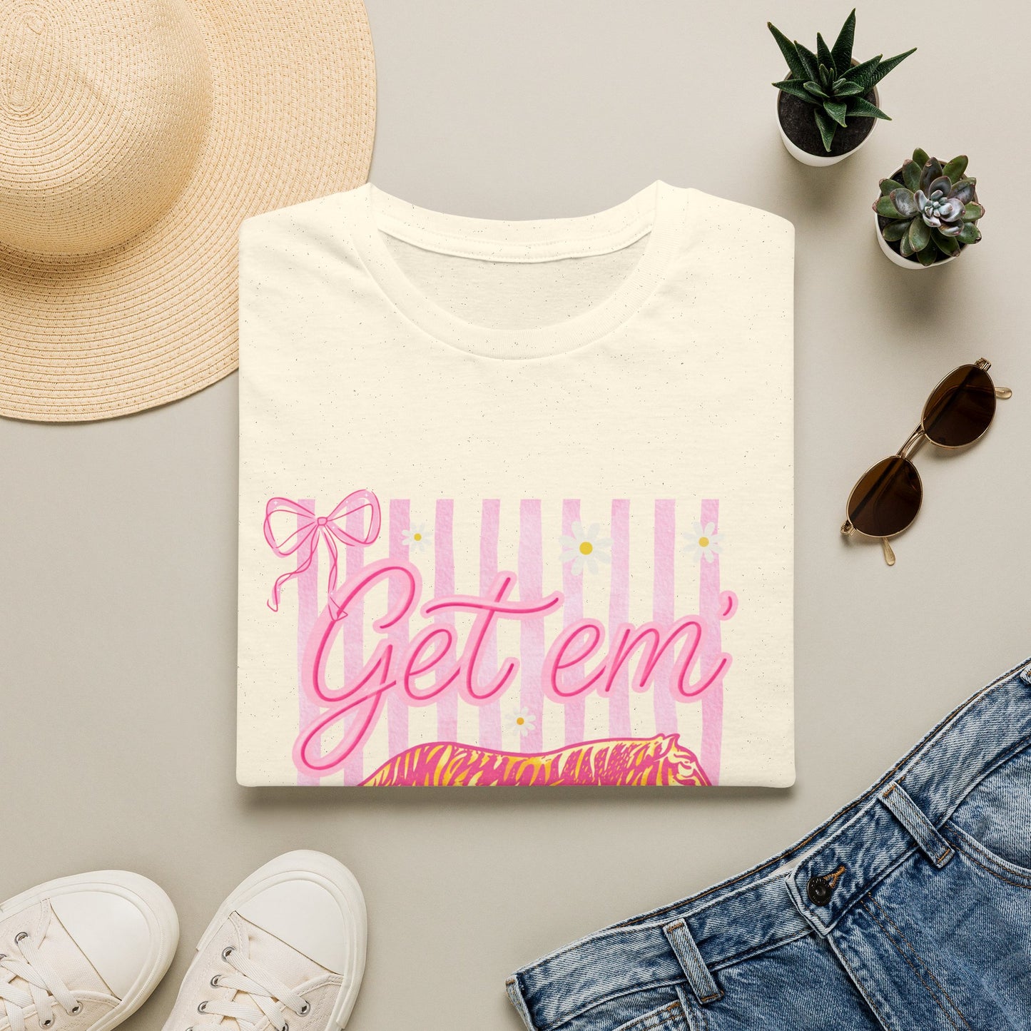 Get Em Tiger T-Shirt — Pink Striped Motivational Graphic Tee