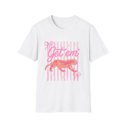 Get Em Tiger T-Shirt — Pink Striped Motivational Graphic Tee