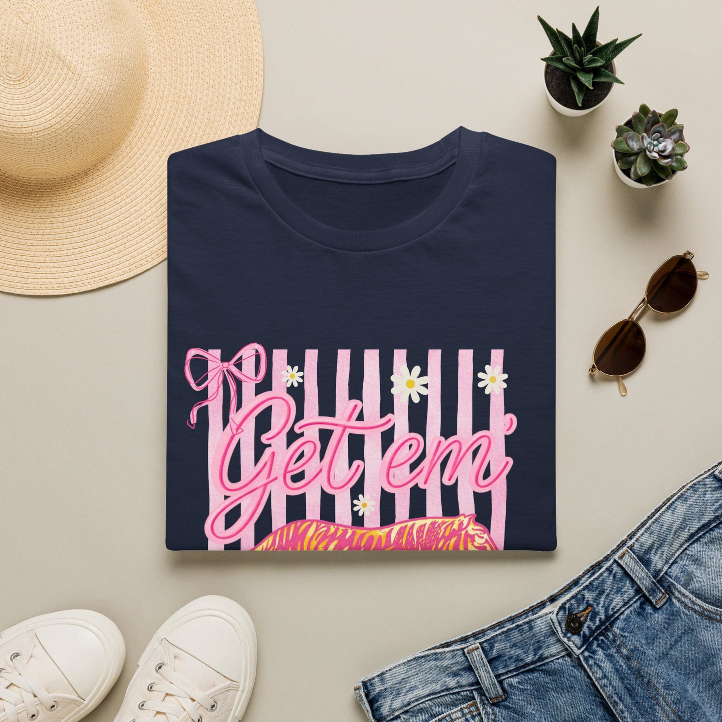 Get Em Tiger T-Shirt — Pink Striped Motivational Graphic Tee